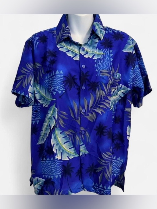 Rima SXL Tops - RIMA Women’s Blue Tropical Print Button-Down Shirt, Palm Leaf Print, Size Small